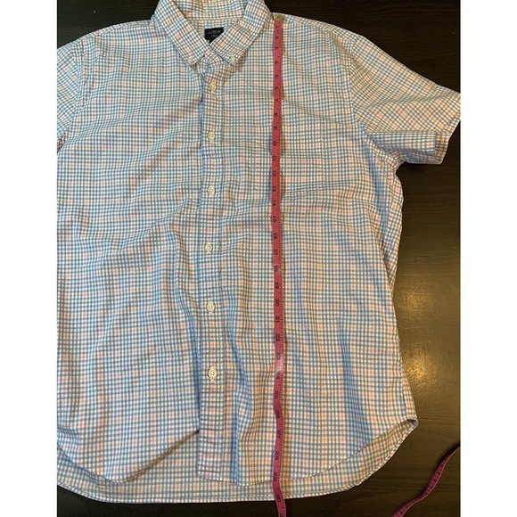 J Crew Button Shirt Mens XL 17-17.5 Flex Short Sleeve Blue Pink Check Stretch - Picture 9 of 12
